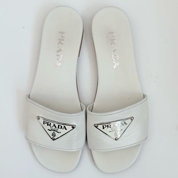 Prada white leather Triangle logo embellished open toe flat slide sandals 37 - Picture 2 of 10